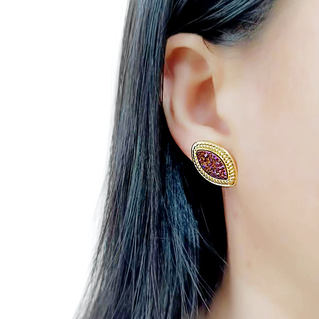 3W1725E - Flash Gold+E-coating Brass Earring with Druzy in Amethyst LuxuryLifeWay Online Store
