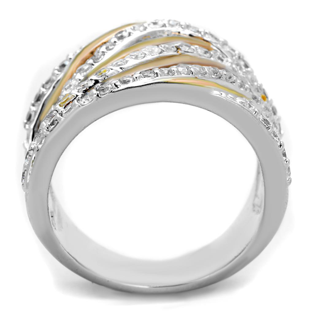 3W857 - Rose Gold + Rhodium Brass Ring with AAA Grade CZ  in Clear LuxuryLifeWay Online Store
