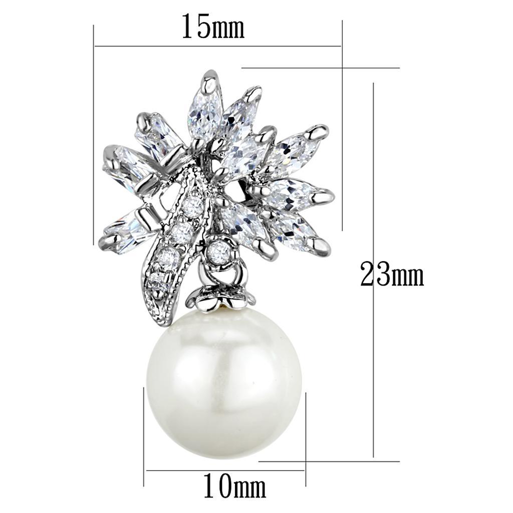 3W888 - Rhodium Brass Earrings with Synthetic Pearl in White LuxuryLifeWay Online Store