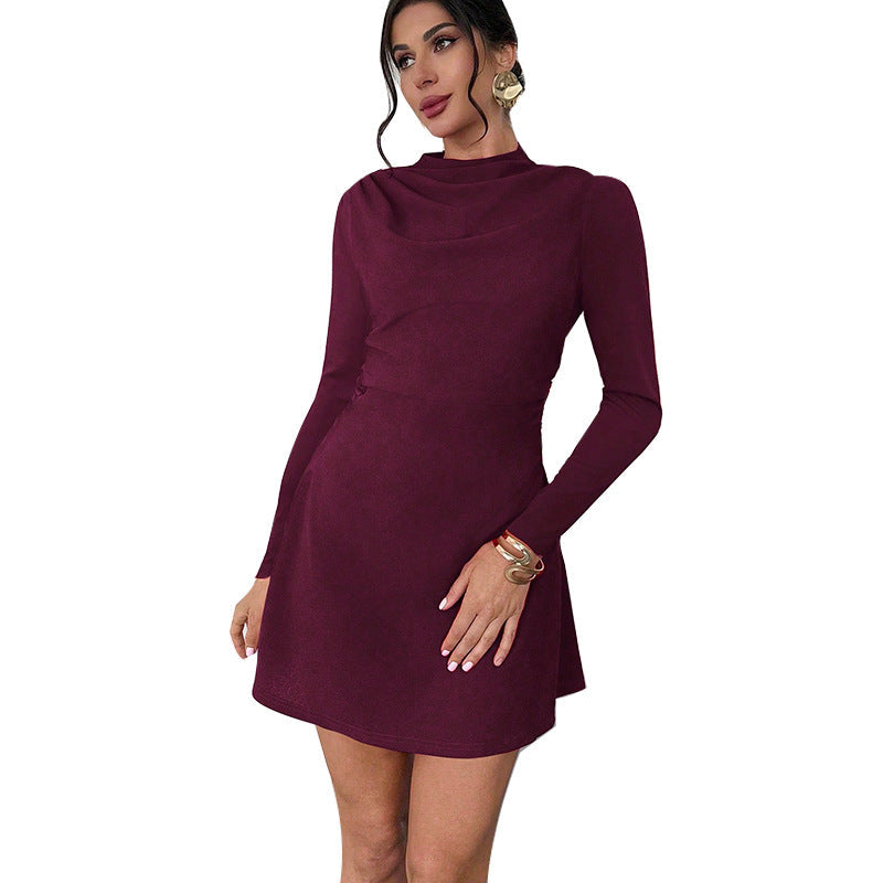 Fashionable Slim-fit Long-sleeve Mock-neck Stretch A-line Skirt LadyShow.Store