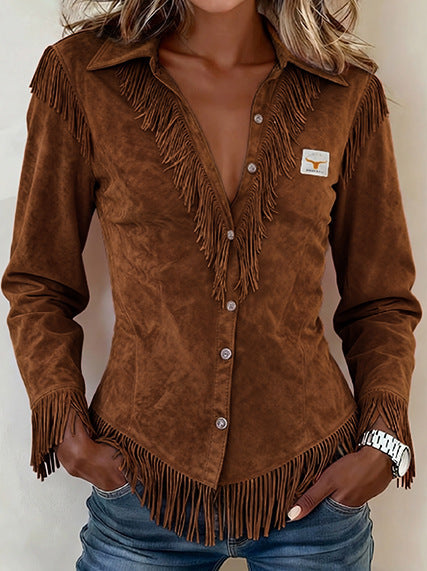 Western Cowboy-Style Suede Fringe Slim-Fit Long-Sleeve Shirt NorixaFashion.com