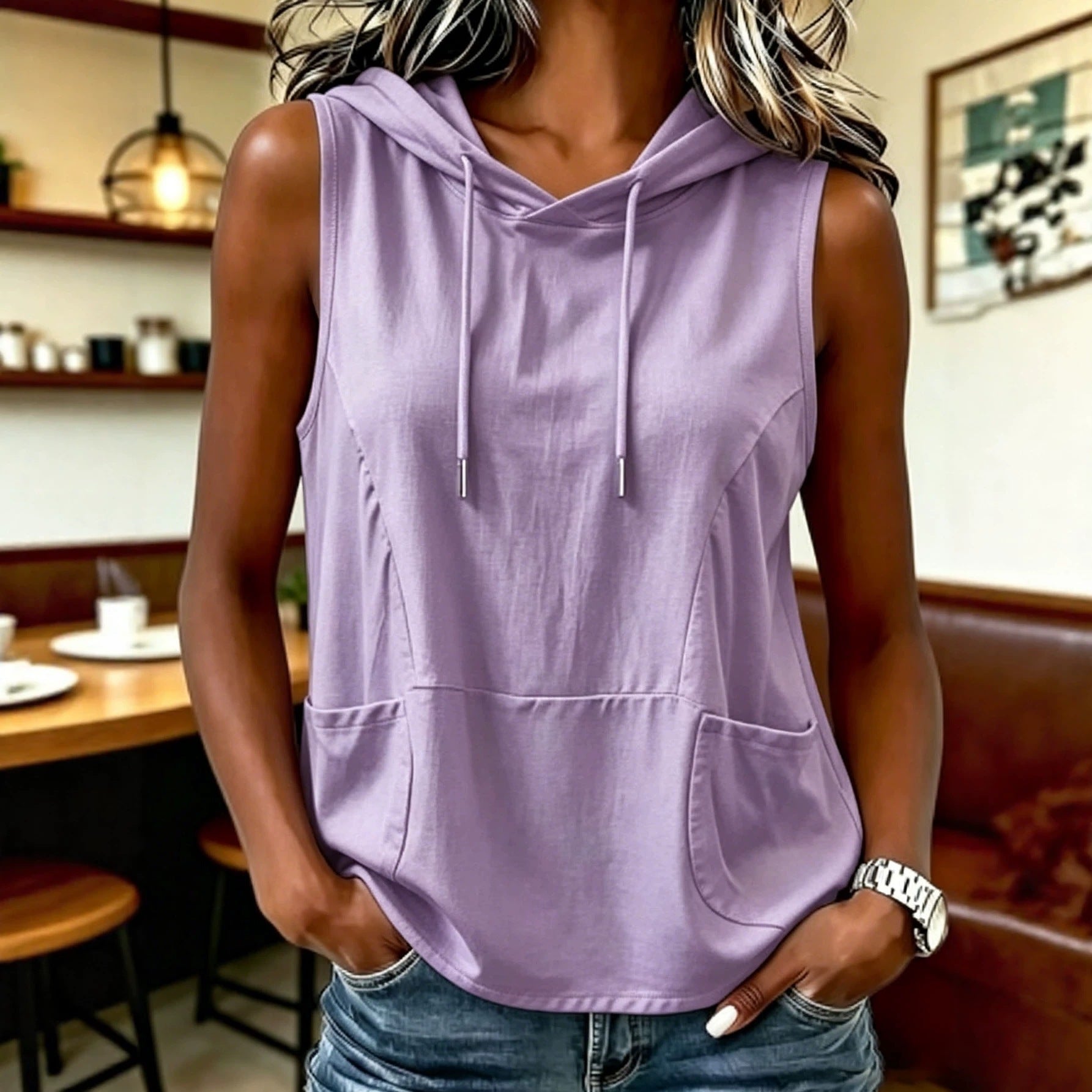 Fashionable Casual Solid-color Hooded Sleeveless Top T-shirt Vest NorixaFashion.com
