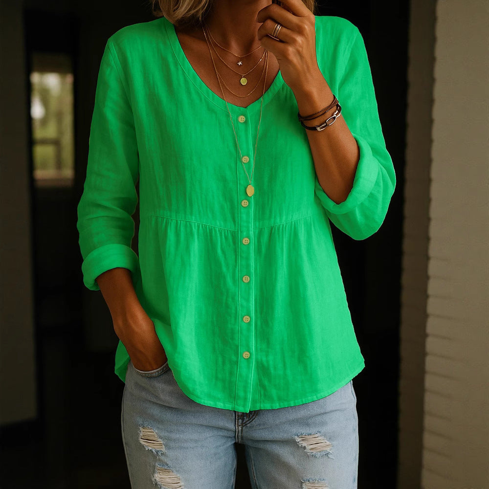 Casual Loose Fashion Cotton And Linen Long Sleeve V-neck Buttons Shirt NorixaFashion.com