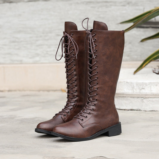 Womens Stylish Round-toe Lace-up Knee-high Boots LadyShow.Store