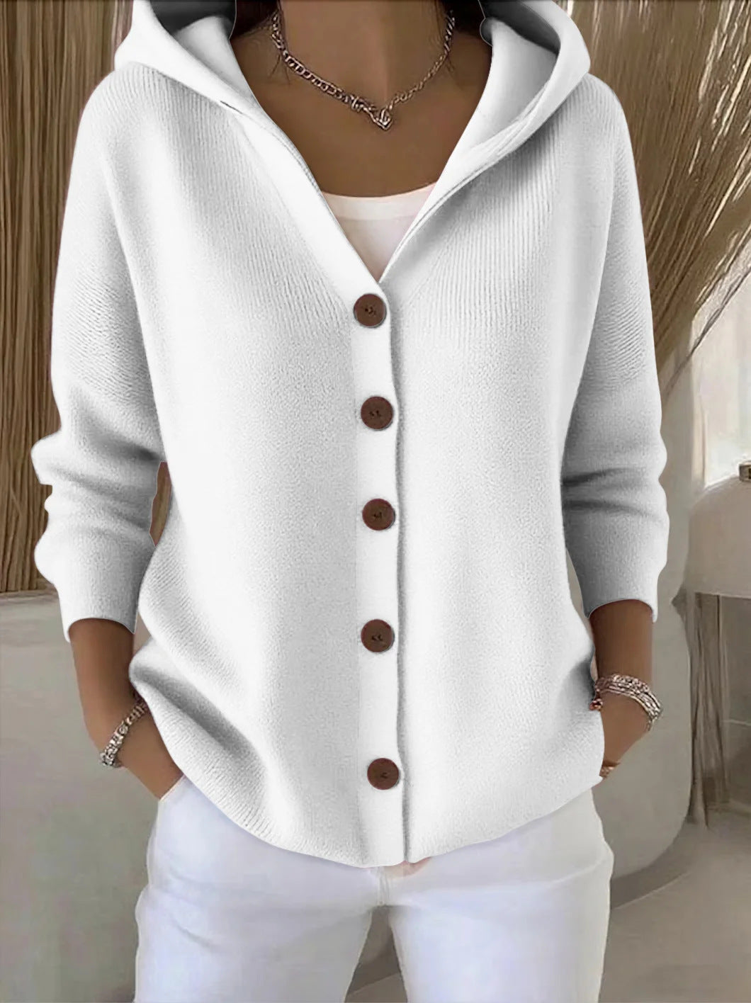 Ins Button Hooded Sweater Fashion Autumn And Winter Knitted Cardigan Casual Commuter Long Sleeve Top Women's Clothing NorixaFashion.com