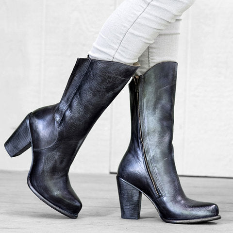 Women's Side-zip Chunky-heeled, Mid-calf Boots LadyShow.Store