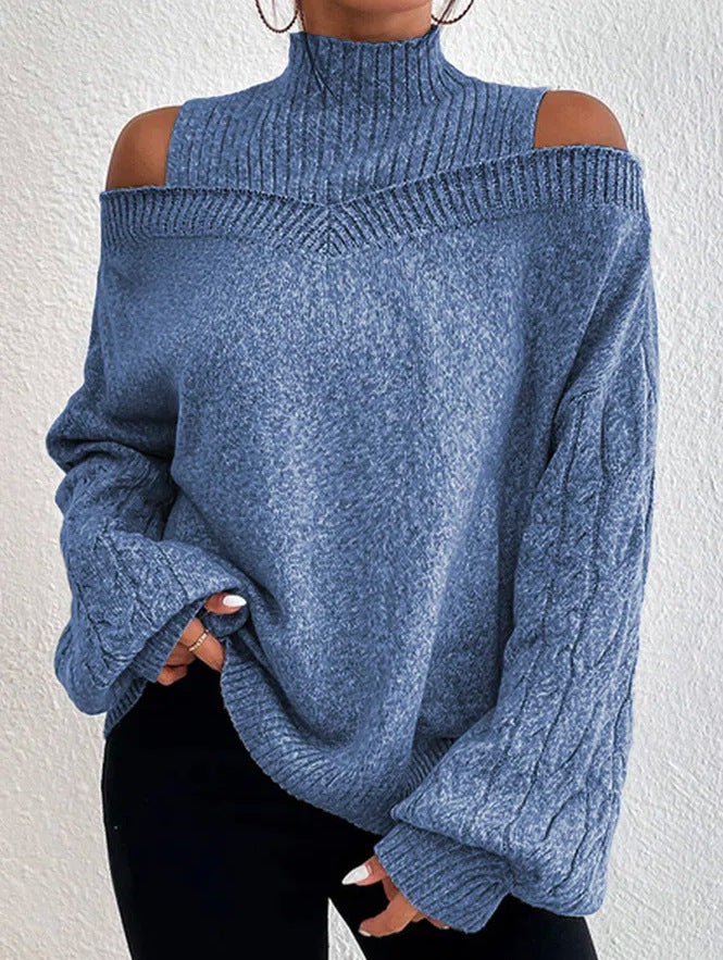 Off-the-shoulder Sweater Women's Pullover Half Turtleneck Autumn And Winter New Lantern Sleeve Sweater NorixaFashion.com