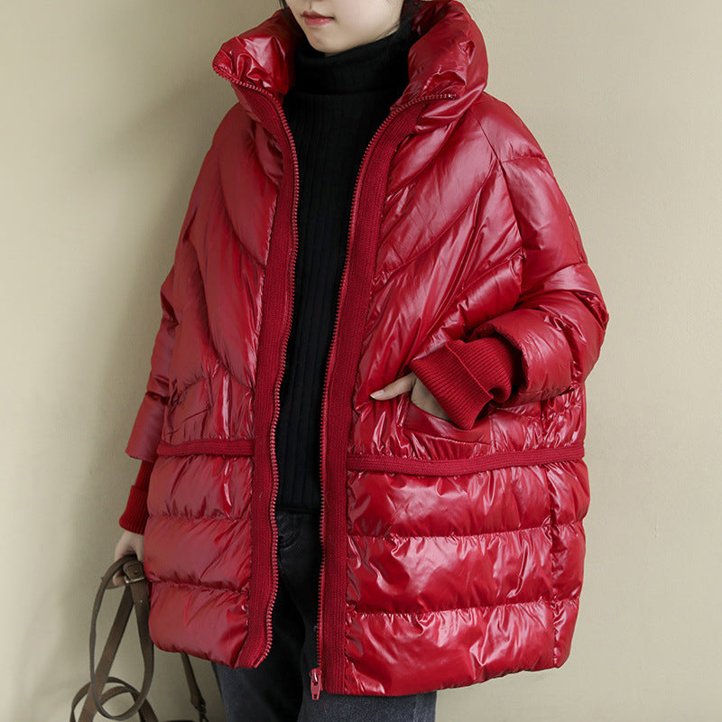 White Duck Down Artistic Stand-up Collar O-type Plus Size Women's Down Jacket Wool Stitching Design Style LuxuryLifeWay Online Store