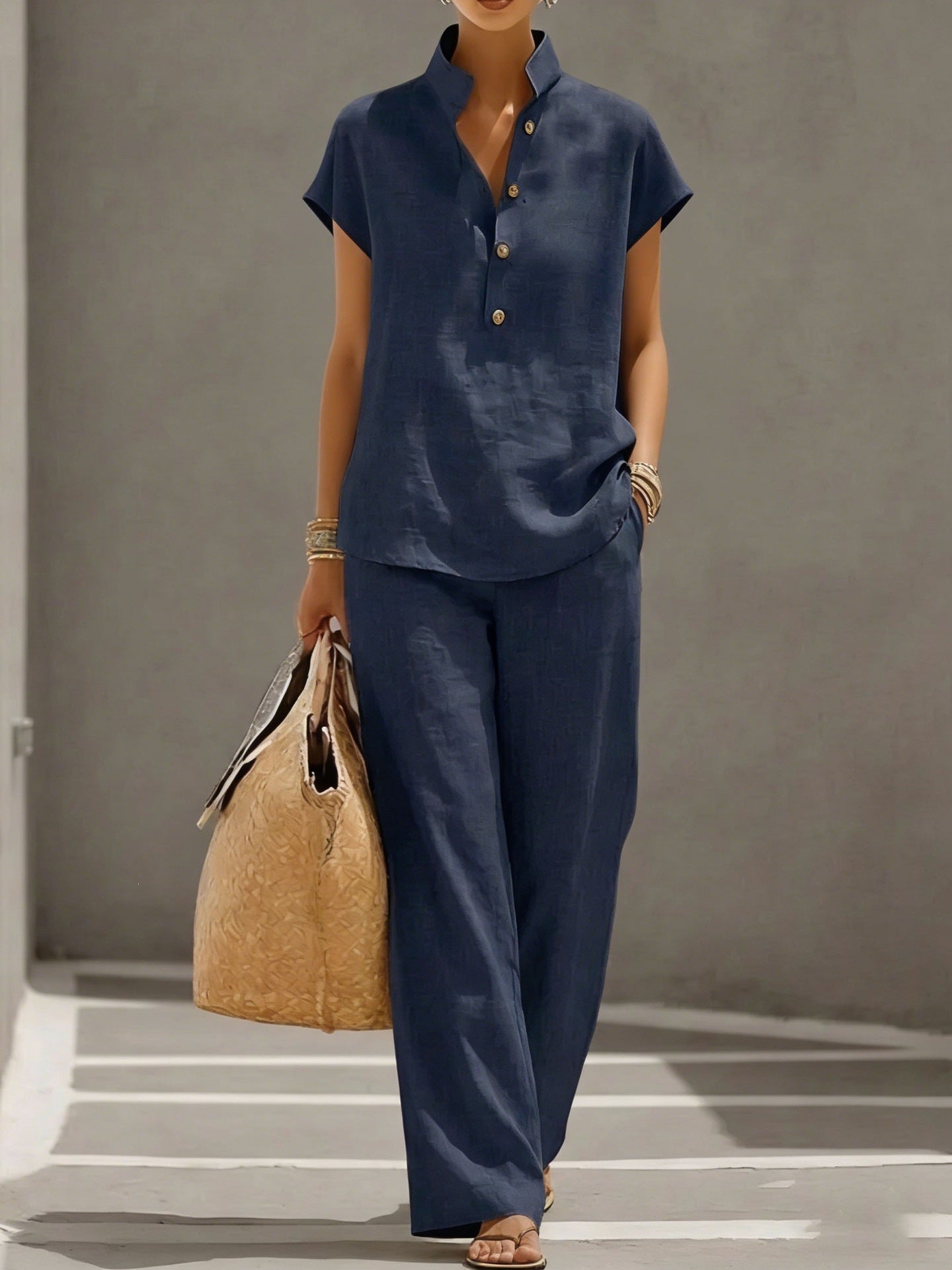 Casual Lazy-Style Cardigan Short-Sleeve Pants Solid-Color Set NorixaFashion.com