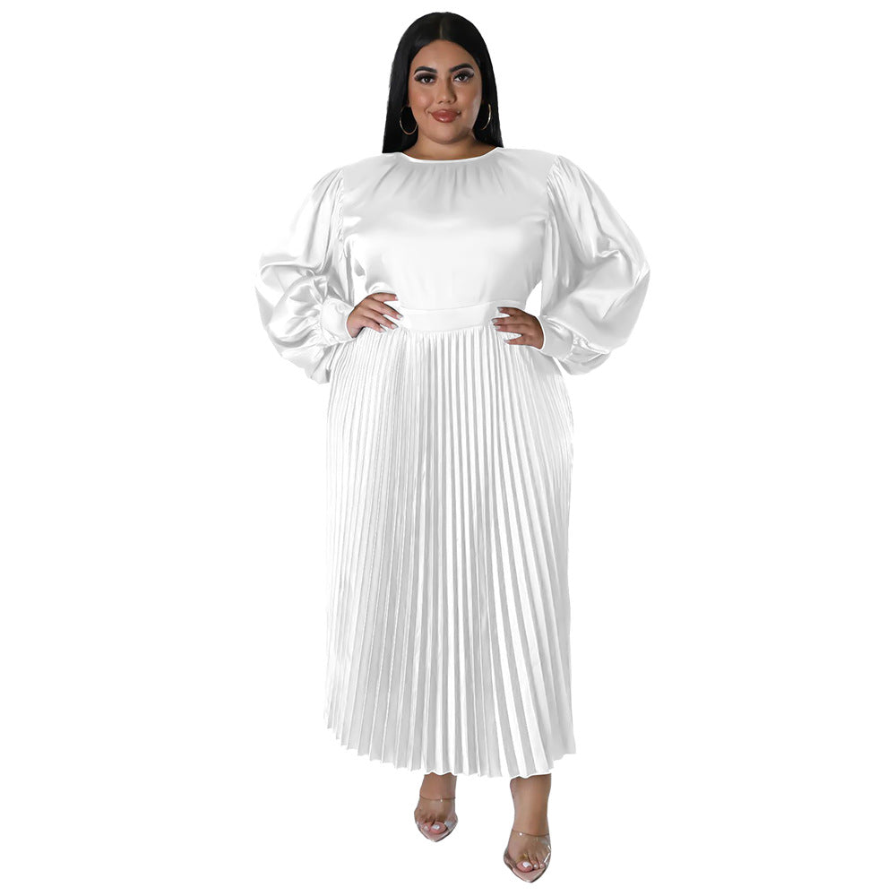 Pleated Round-neck Long Dress Women NorixaFashion.com