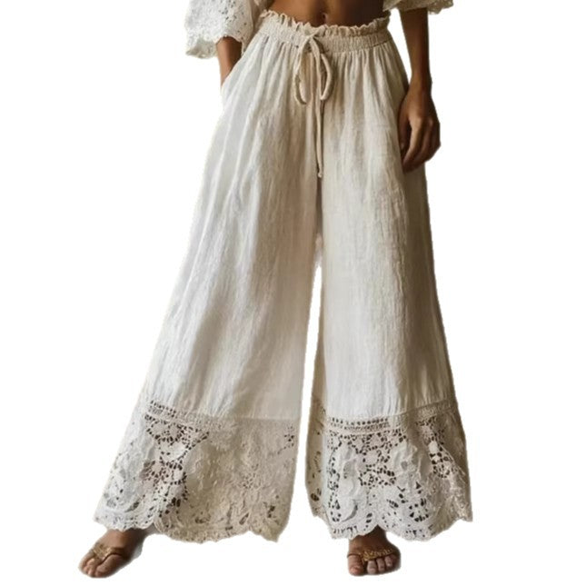 Fashionable Solid-Colored Lace-Trimmed Womens Pants NorixaFashion.com