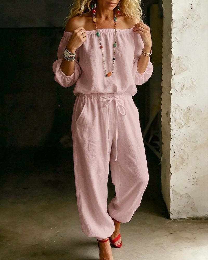 One-shoulder Top And Casual Drawstring Jogger Pants Jumpsuit Set NorixaFashion.com