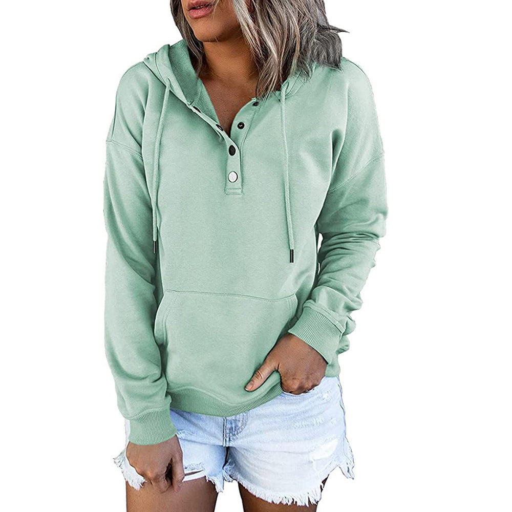 Long-sleeved Hooded Sweatshirt With Pockets Fashion Casual Button Drawstring Design Hoodie Top Spring And Autumn Sports Clothing For Women LadyShow.Store