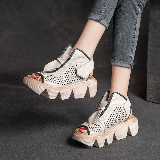 Top Layer Leather Velcro Hollow Sandals for Women Best YouTube Store