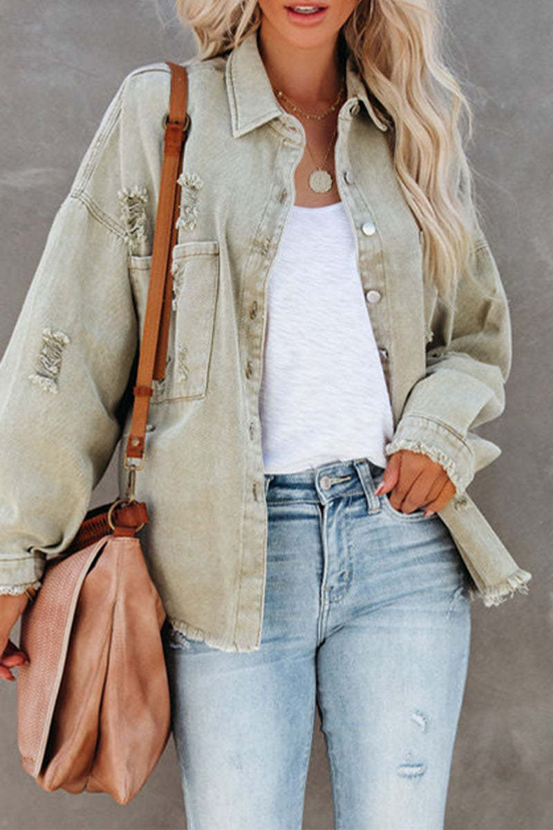 Women's Denim Jacket Long Sleeve Raw Edge Ripped Denim Jacket