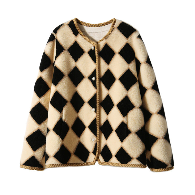 Chessboard Plaid Full Wool Sheepskin Fur Women's Winter Best YouTube Store