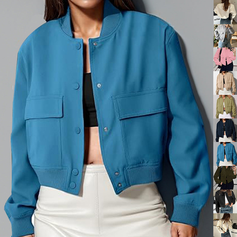 Fashion Button Stand-collar Jacket With Big Pockets Casual Loose Short Outwear Tops Coat For Women Clothing LuxuryLifeWay Online Store