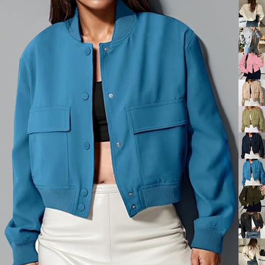 Fashion Button Stand-collar Jacket With Big Pockets Casual Loose Short Outwear Tops Coat For Women Clothing LadyShow.Store