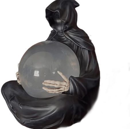 Crystal Ball Gothic Black Robe Death Sculpture PearlNestDecor.com
