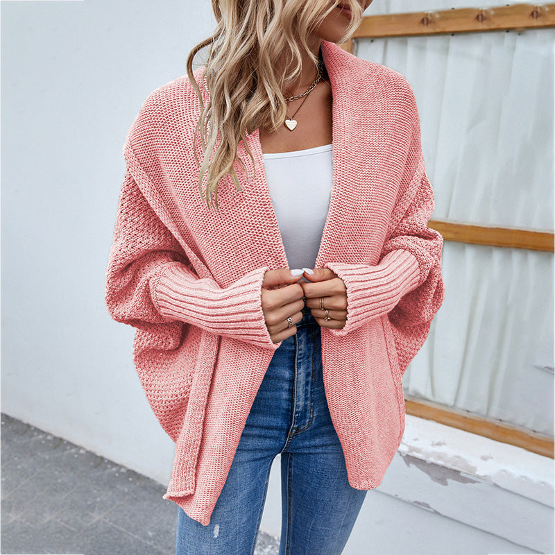 New Loose Knitted Sweater Solid Color Bat Sleeve Large Lapel Cardigan Autumn And Winter Fashion Jacket For Women Clothing LadyShow.Store