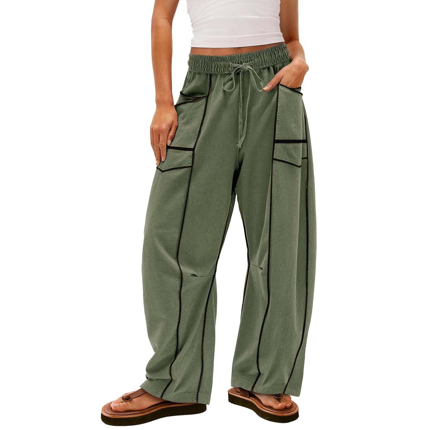 Y2K Black Striped Wide-leg Pants With Pockets Fashion Loose Drawstring Trousers Sports Sweatpants Women's Clothing LadyShow.Store