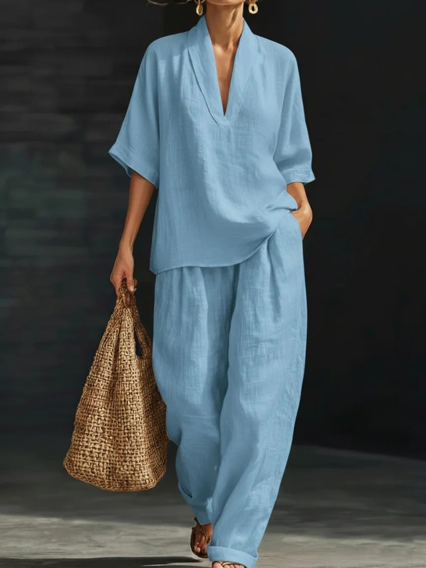 Women's Casual Simple Linen Two-Piece Set NorixaFashion.com