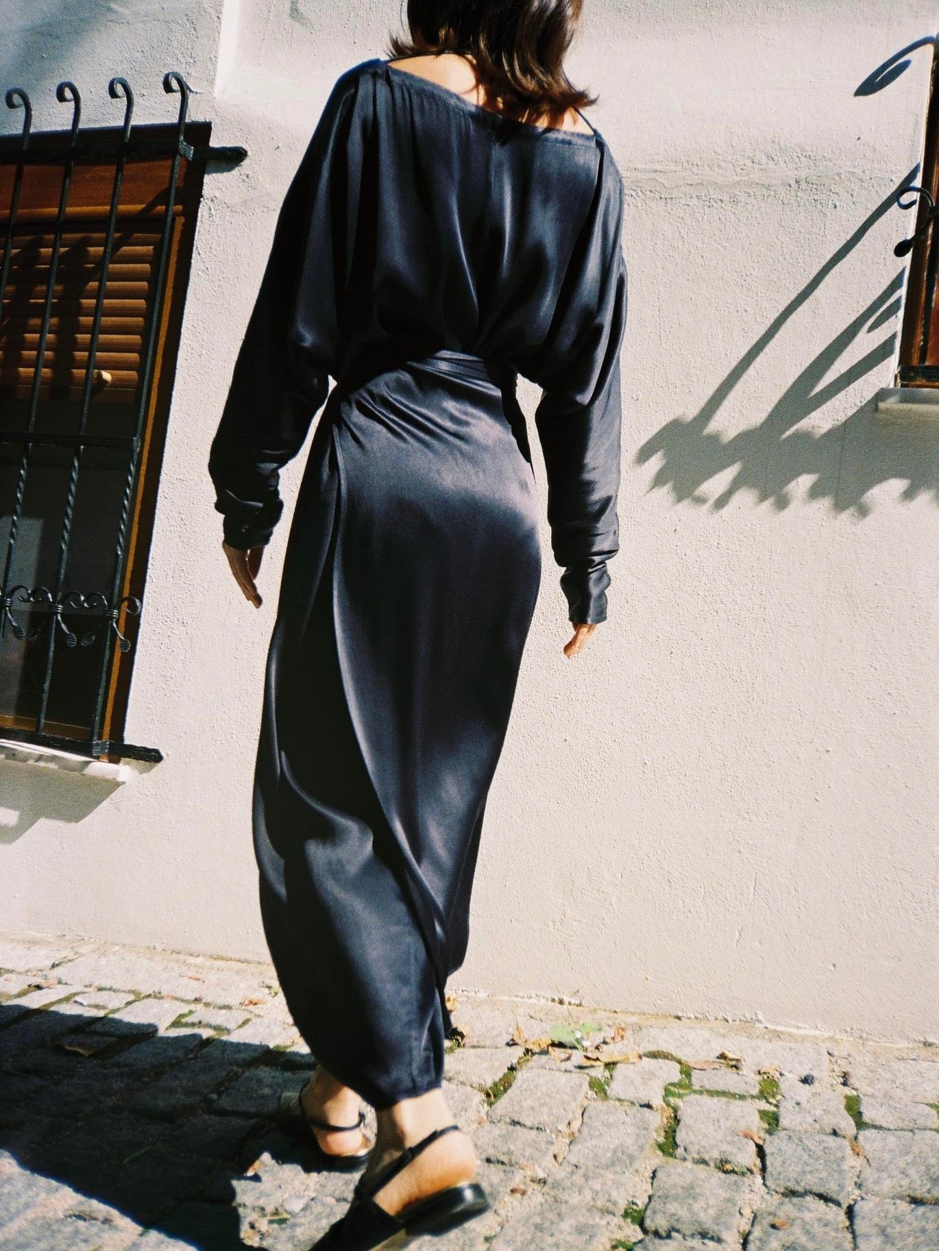 Navy Blue Satin Tie-Waist Slit Long Sleeve Maxi Dress NorixaFashion.com