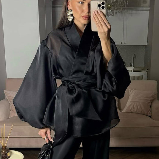 Black Sheer Puff Sleeve V-neck Tie-front Top NorixaFashion.com