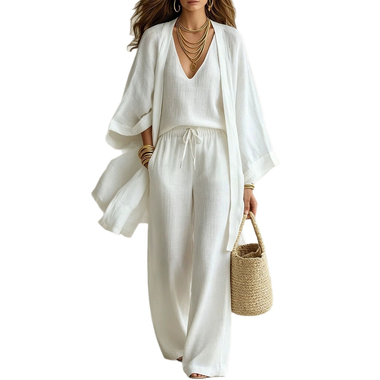 Womens Casual Three-piece Set Nine-quarter-sleeve Cardigan Sleeveless Vest And Long Pants NorixaFashion.com