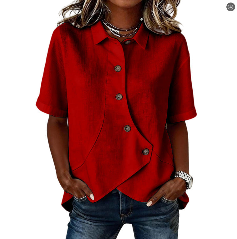 Summer Asymmetrical Shirt Solid-color Loose-fitting Lepal Tops Women's Clothing NorixaFashion.com