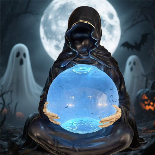 Crystal Ball Gothic Black Robe Death Sculpture PearlNestDecor.com