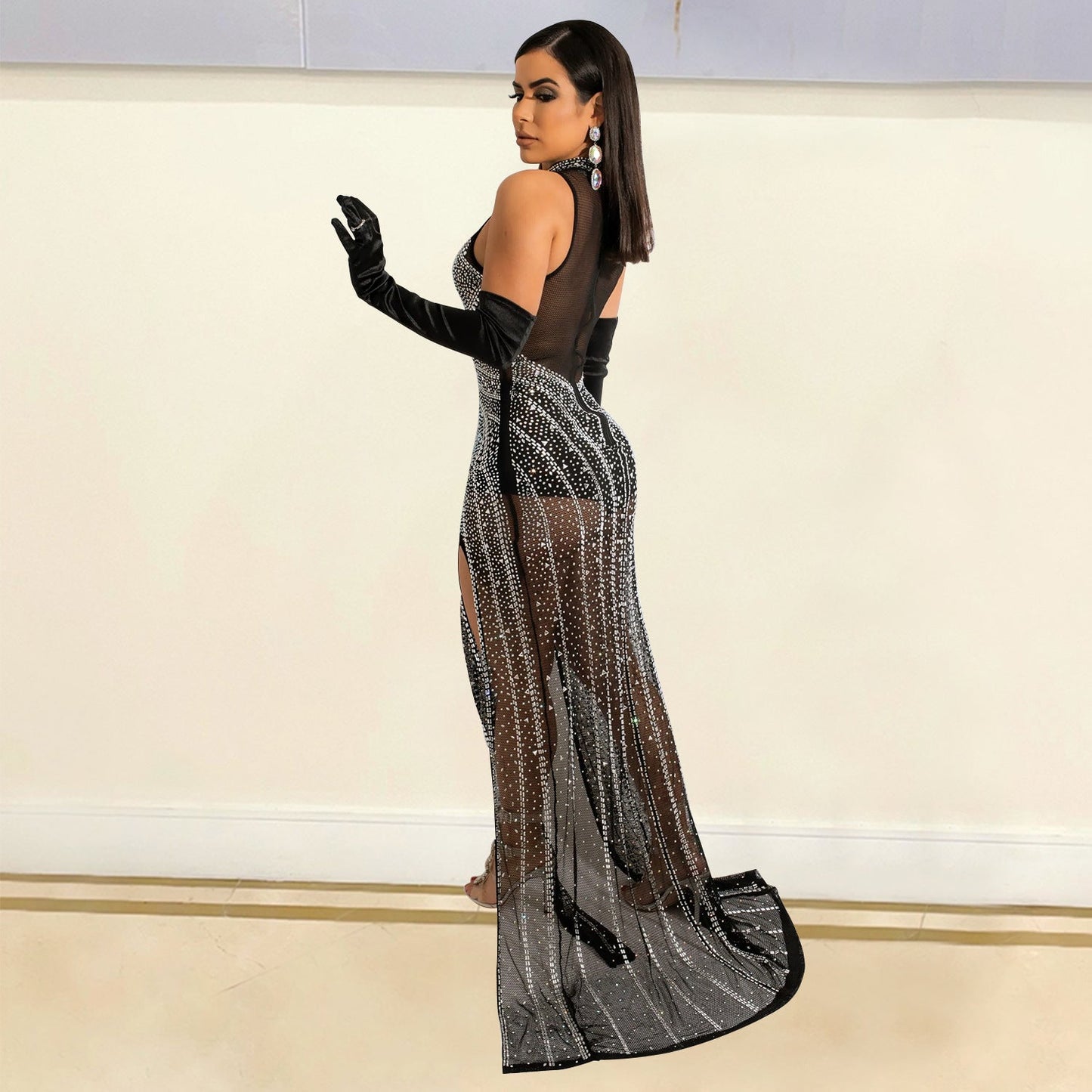 Mesh Hot Drilling See-through Dress Women NorixaFashion.com