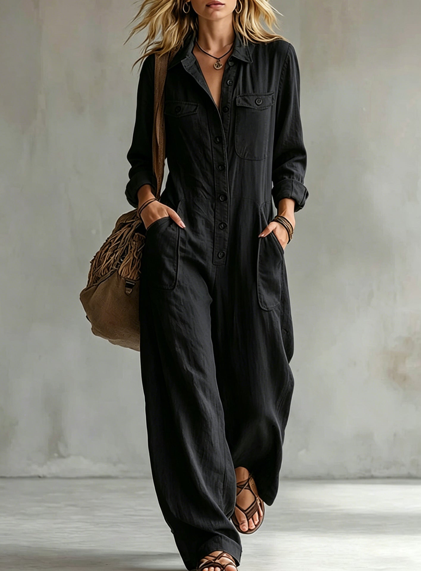 Womens Workwear Linen Casual Jumpsuit NorixaFashion.com