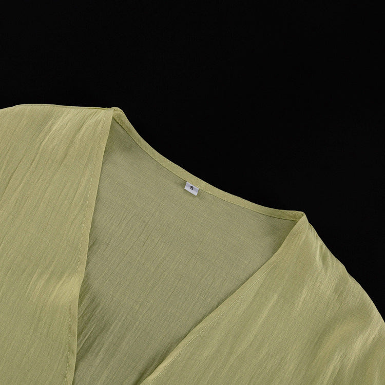Sage Green 3-Piece Loungewear Set - Crop Top, Kimono Cardigan & Wide Leg Pants NorixaFashion.com