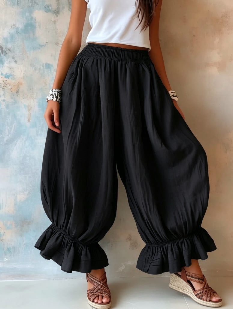 Loose Casual Cotton-linen Flared Pants With Ruffled Hems For Women NorixaFashion.com