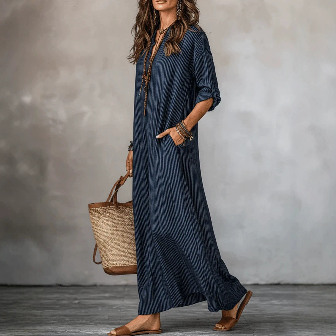 Fashionable V-neck Striped Loose-fit Dress NorixaFashion.com