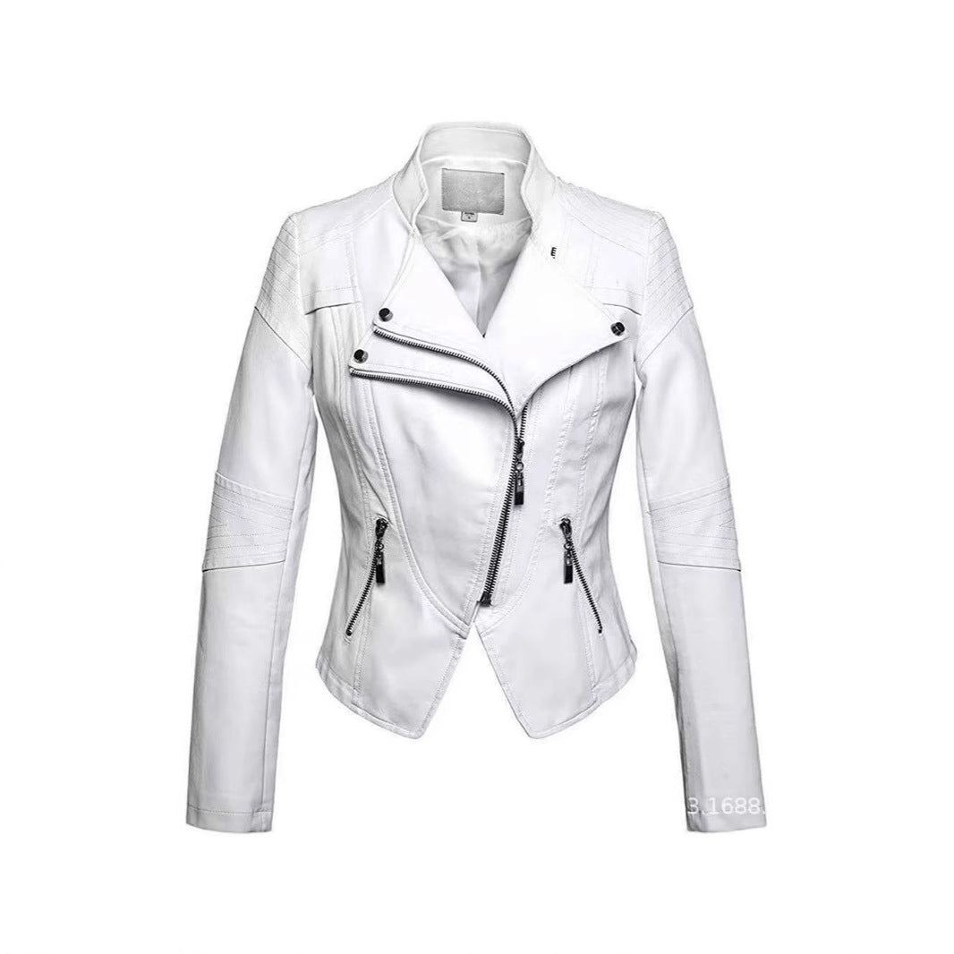 New Women's Leather Top Coat European And American Fashion Motorcycle Slim Fit Short Leather Jacket Jacket Zipper One Generation LadyShow.Store