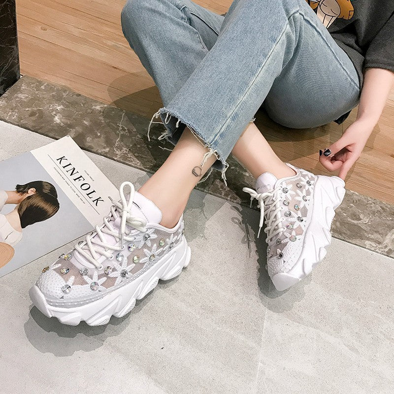 Women's Sneakers with Rhinestones - Casual White Shoes LadyShow.Store