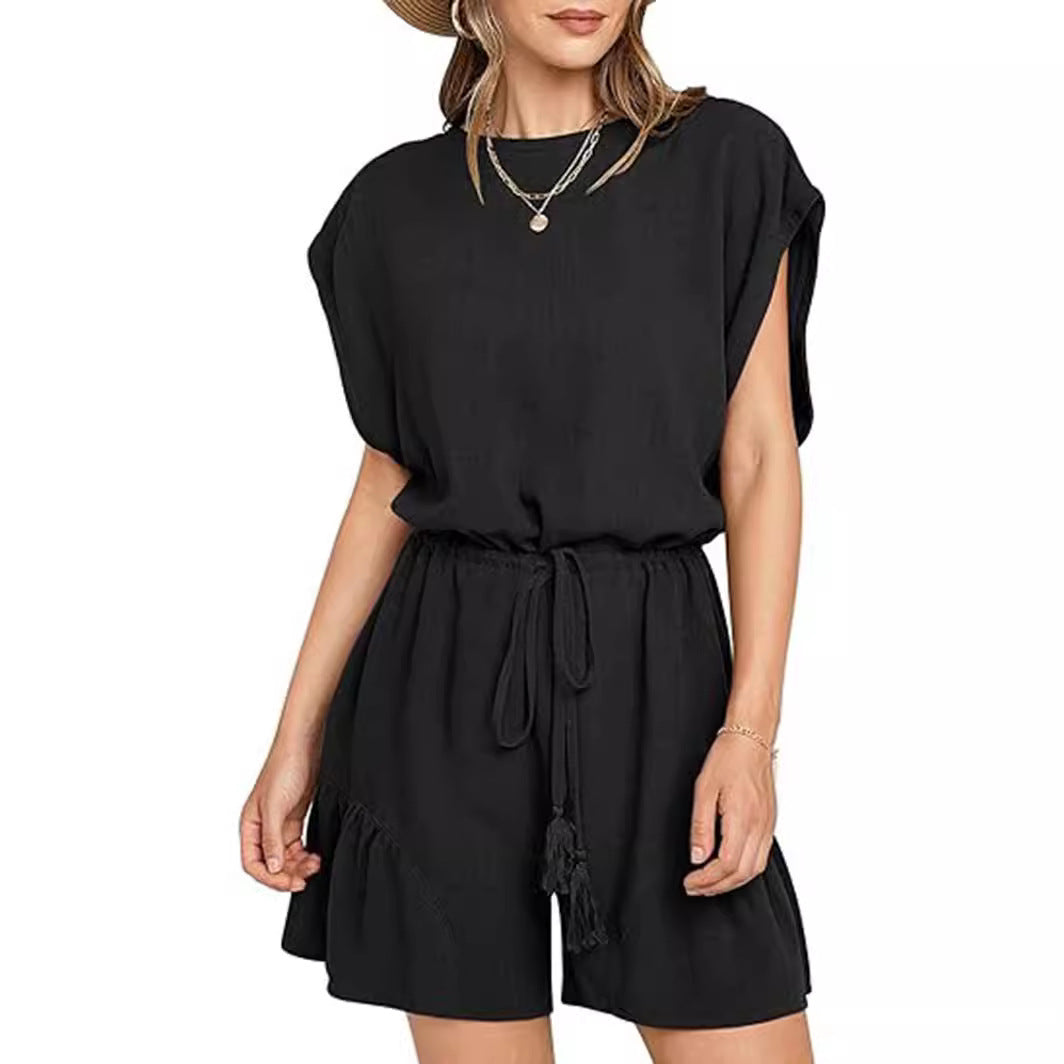 Cotton And Linen Jumpsuit Loose Waist Short Sleeve Women LadyShow.Store