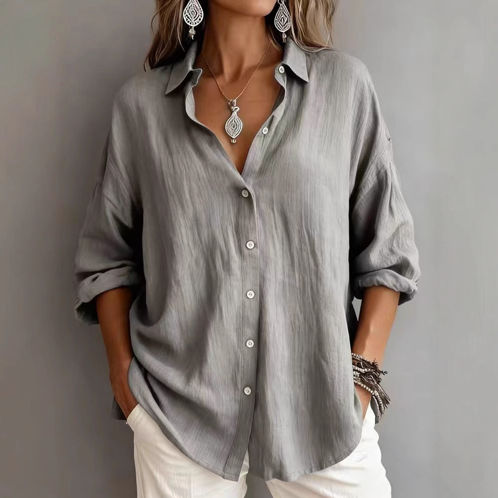 Fashionable Solid-color Long-sleeve Lapel Cardigan Shirt NorixaFashion.com
