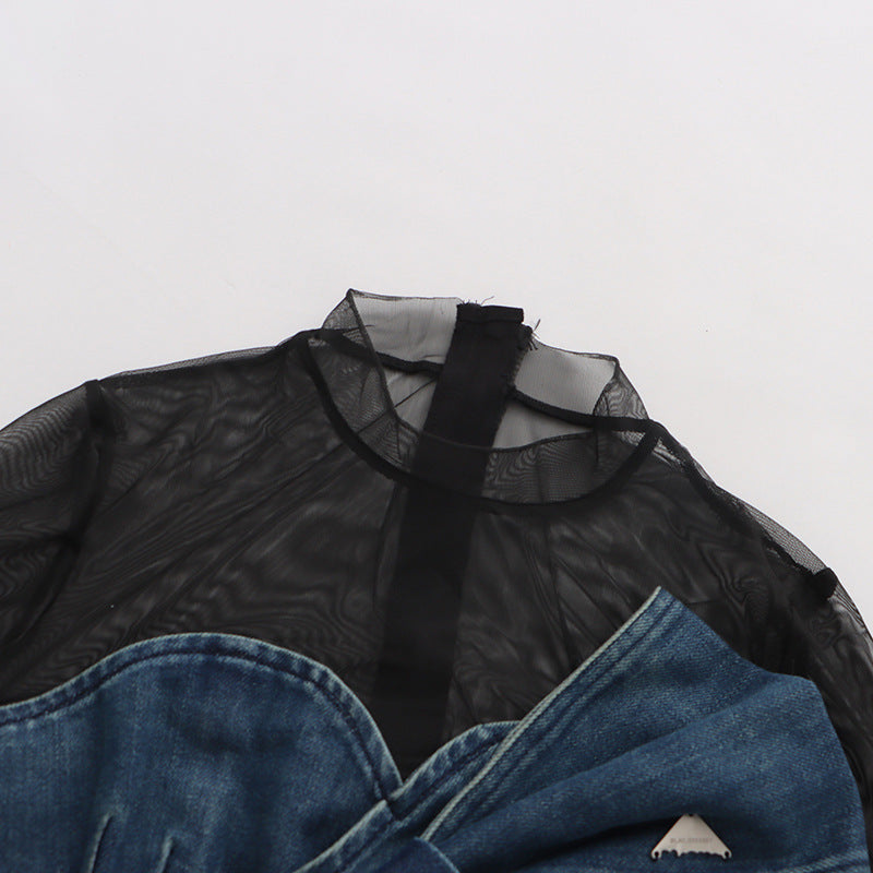 Denim Bow Mesh Overlay Top NorixaFashion.com