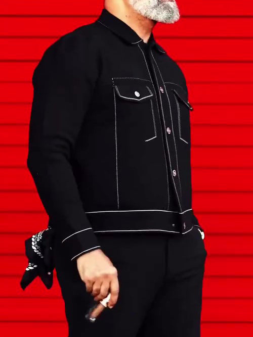 Black Denim Jacket With White Topstitching Detail Best YouTube Store