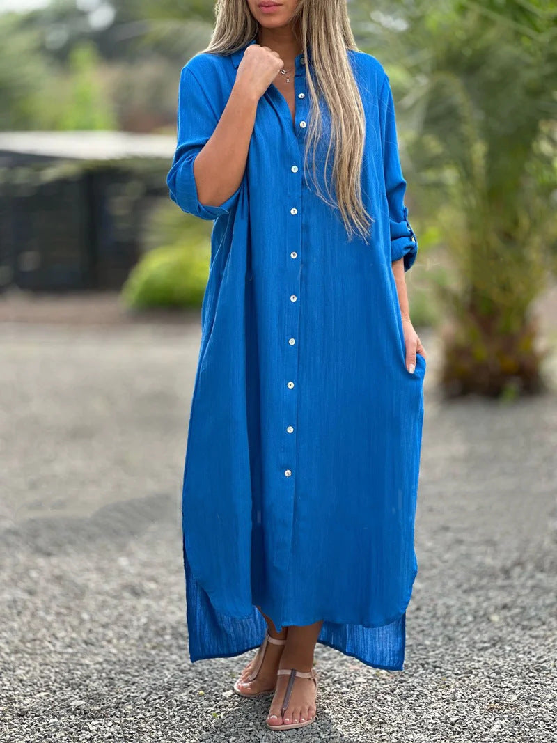 2026 Women's Dress, Cotton And Linen Shirt, Long Skirt, Fashionable Casual Long Sleeved Cardigan Dress NorixaFashion.com