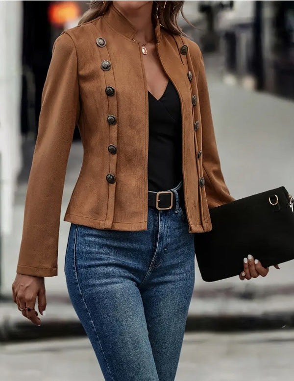 Women's Solid Color Double-breasted Decorative Deerskin Velvet Retro Long-sleeved Jacket LuxuryLifeWay Online Store