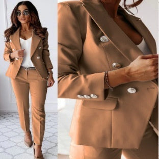 Casual Blazer Suit Slim Lapel Double-breasted Jacket And Zip-up Trousers Women's Clothing NorixaFashion.com