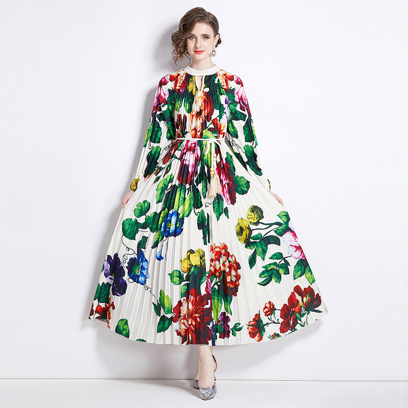 Pleated Tassel Belt Dress Women NorixaFashion.com