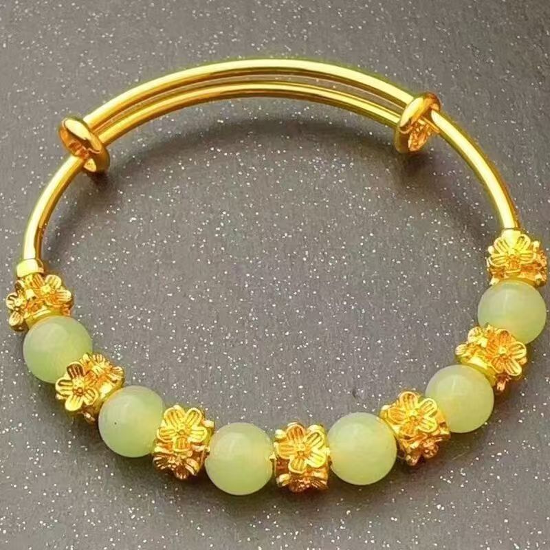 Brass Gold-plated Chalcedony Flower Pull Bracelet Hand Accessory Ancient Style Women's Light Luxury Versatile High-end Feeling Bracelet LadyShow.Store