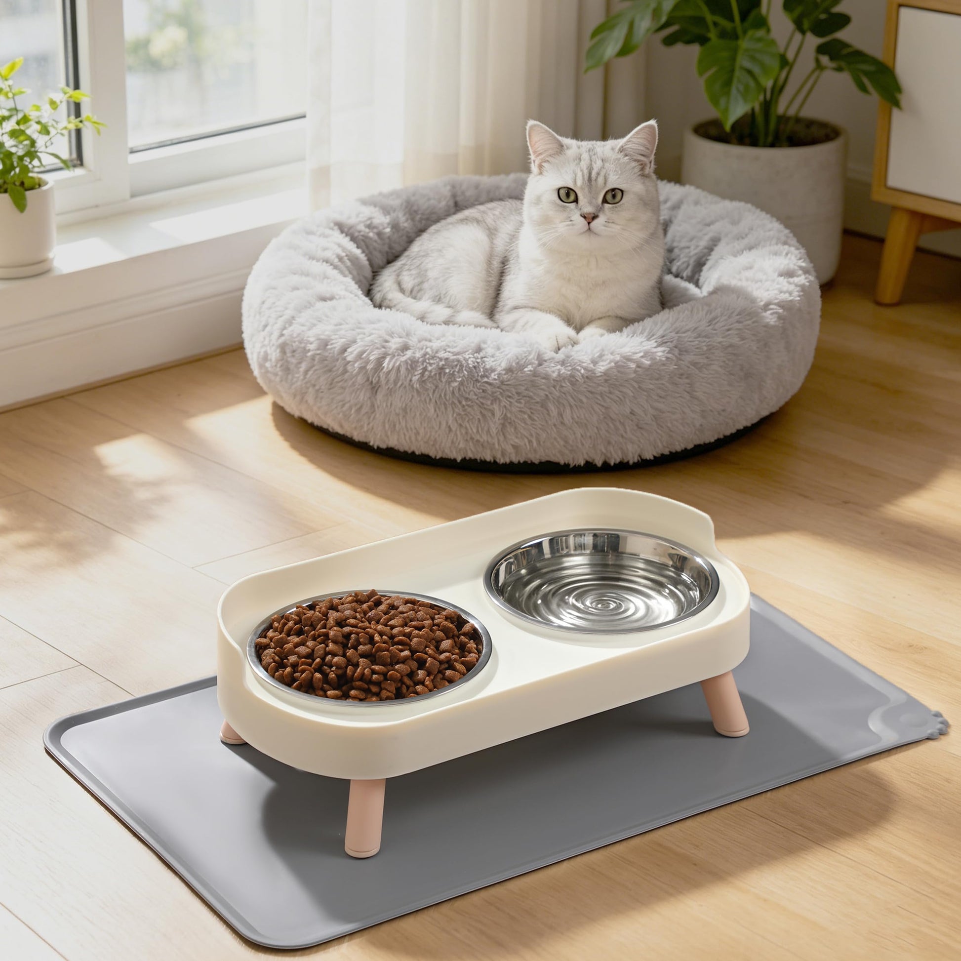 Elevated Cat Bowls Set - Raised Cat Food And Water Bowl Set With Non Slip Stand - Pet Feeding Station With 2 Stainless Steel Bowls Pets Fashion