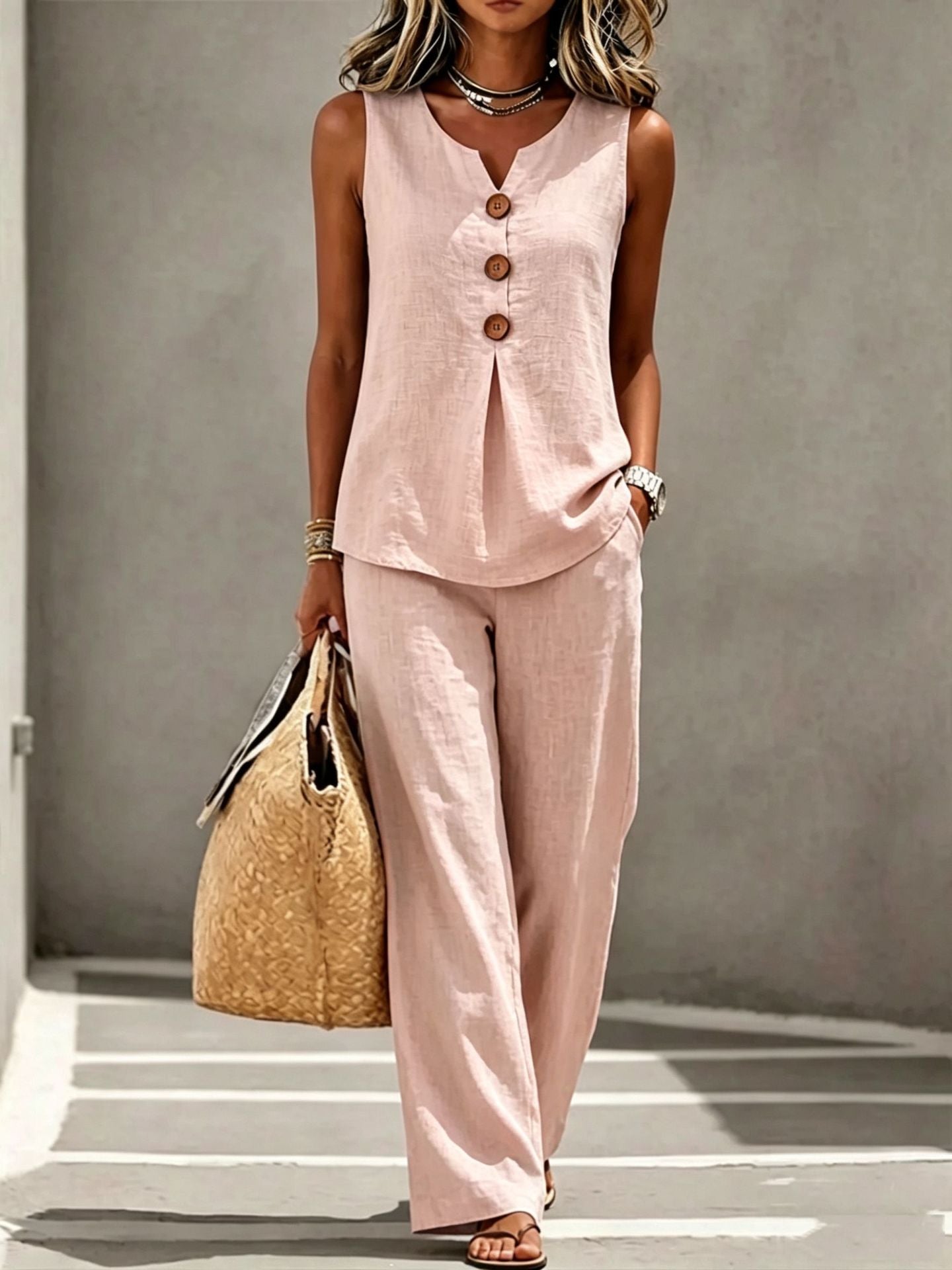 Womens V-neck Buttoned Sleeveless Vest Top Set Two-piece Outfit NorixaFashion.com