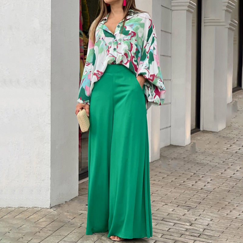 Loose And Elegant Casual Printed Shirt Top Wide Leg Pants Fashion Suit NorixaFashion.com